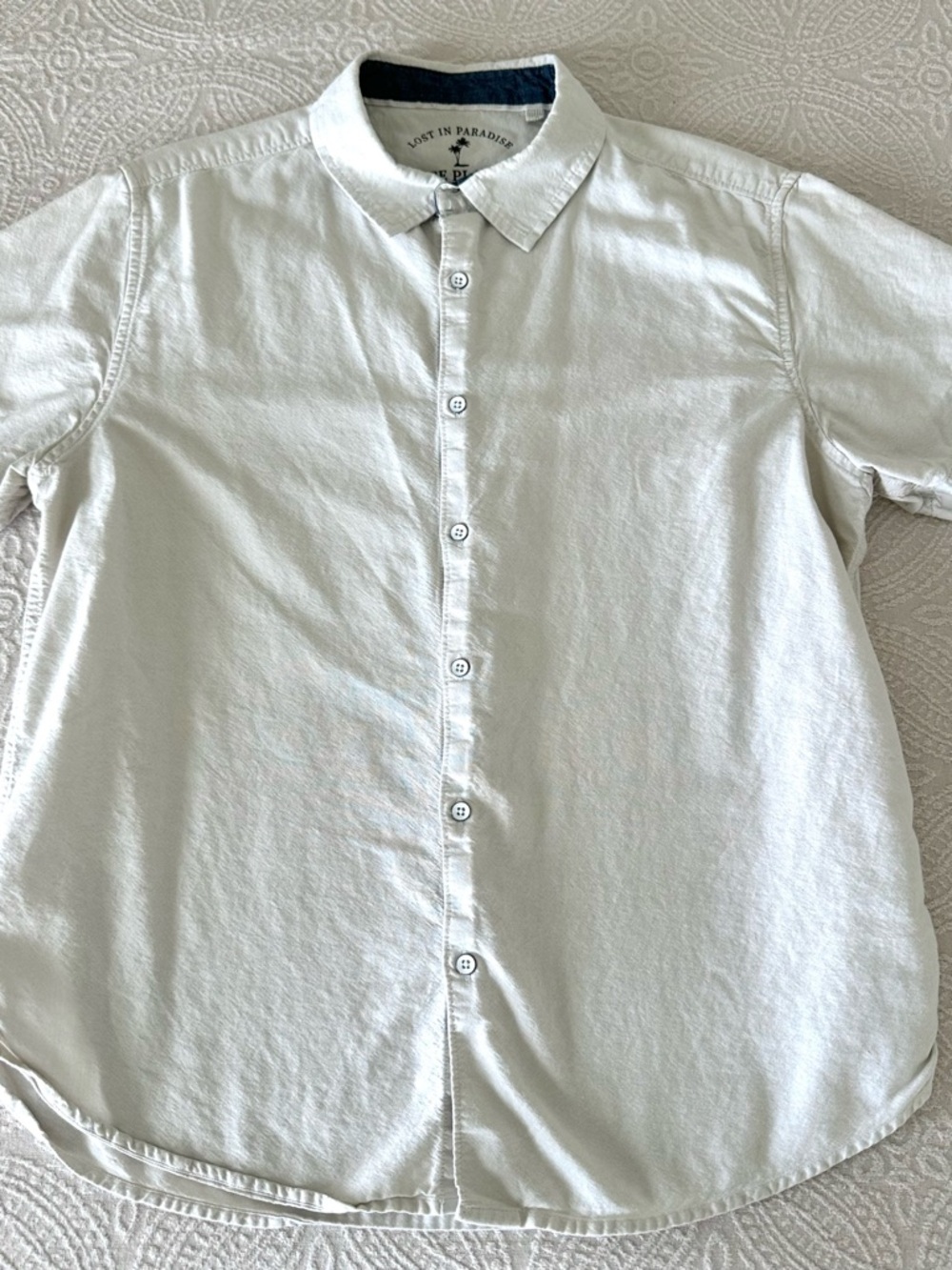 Men’s Free Planet Lost In Paradise Beige Linen Short Sleeve Button Down L